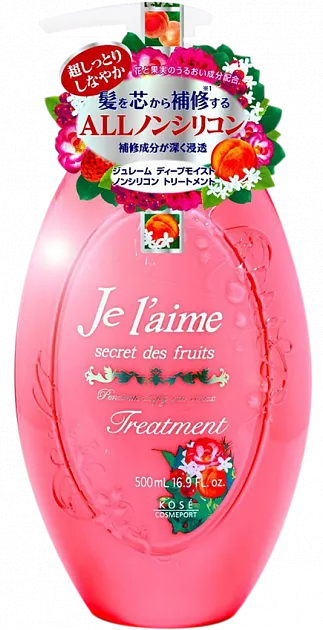 Kose Cosmeport Je l'aime Secret des fruits Бальзам для сухих и окрашенных волос безсиликоновый Глубокое увлажнение с фруктово-цветочным ароматом 500 мл