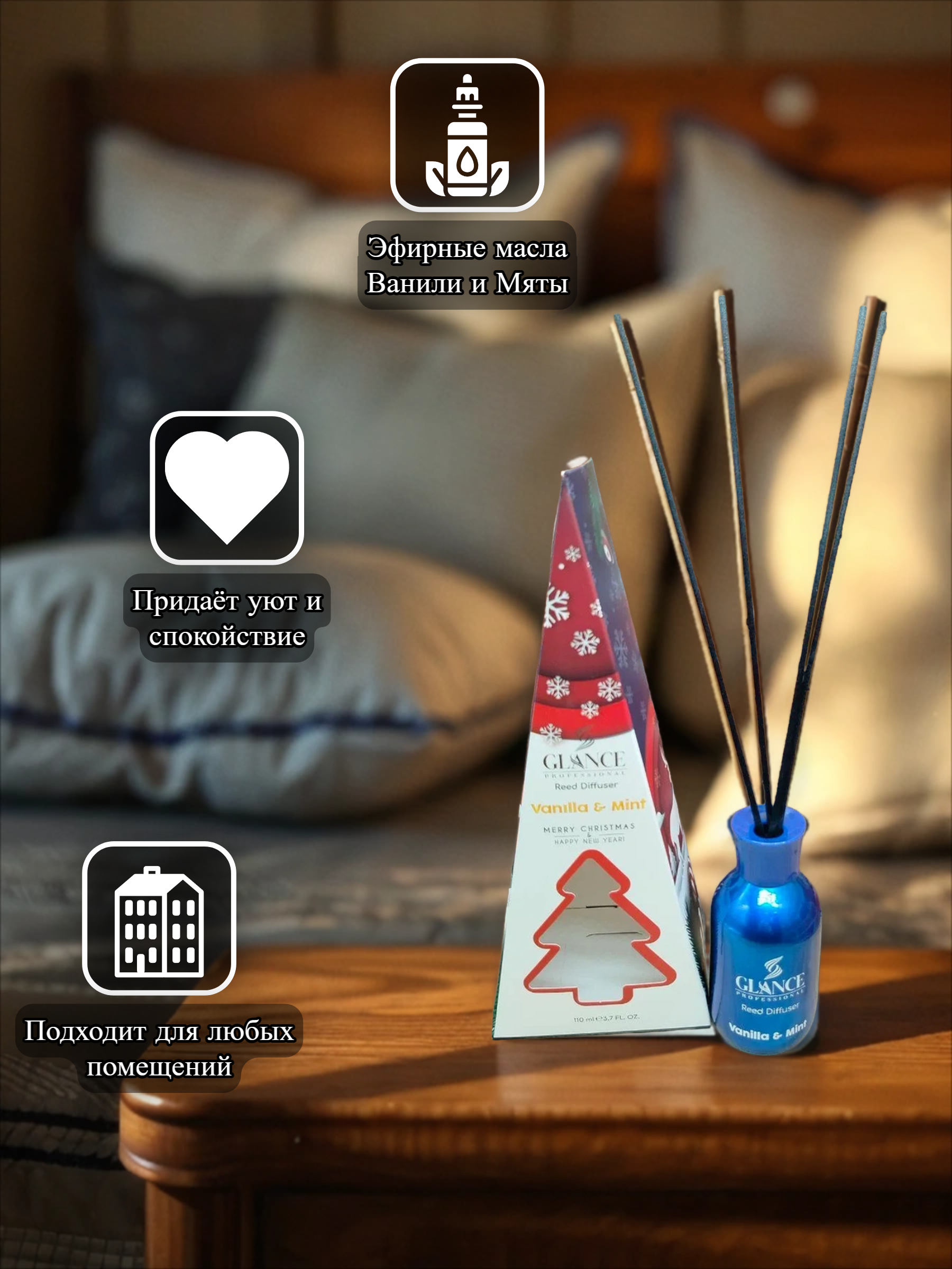 Glance Professional Reed Diffuser Merry Christmas & Happy New Year Vanilla & Mint Ароматический диффузор для дома с палочками Ваниль и Мята 110 мл