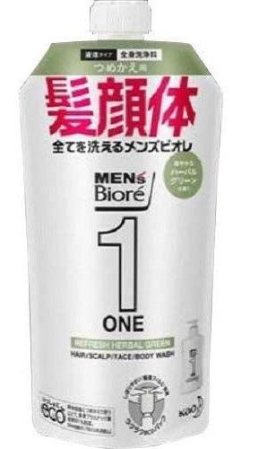 Kao Men's Biore One Refresh Herbal Green Гель для лица, тела и волос Всё в одном очищающий с ароматом трав 340 мл запасной блок