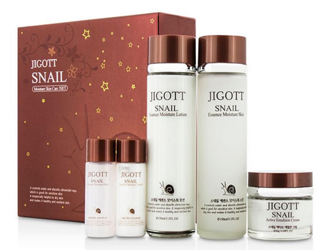 Jigott Набор Snail Moisture Skin Care 3SET Антивозрастная восстанавливающая крем-эмульсия 50 гр + Увлажняющий тонер-эссенция 150+30 мл + Лосьон для лица кремовый увлажняющий 150+30 мл