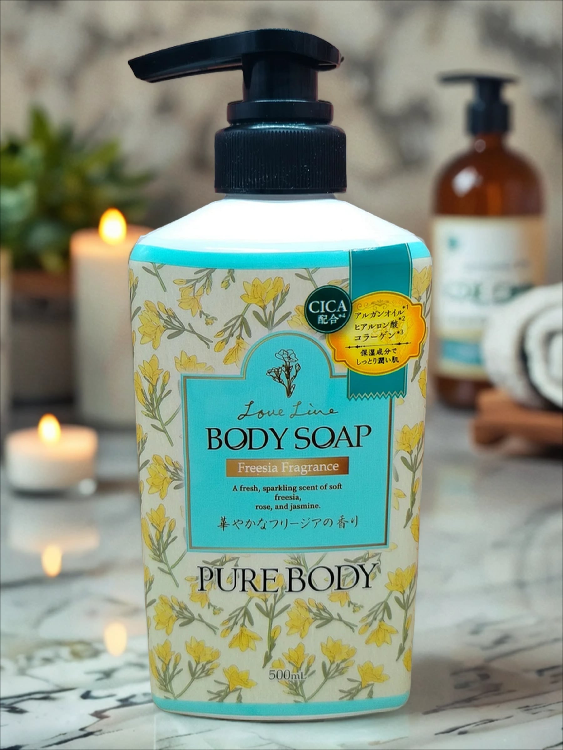 Mitsuei Pure Body Love Line Fresia Fragrance Гель для душа увлажняющий с аргановым маслом, гиалуроновой кислотой, коллагеном и ароматом Фрезии 500 мл