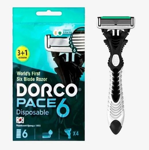 Dorco PACE 6 Disposable Одноразовые бритвенные станки мужские 6-ти лезвийные с плавающей головкой 3+1 шт