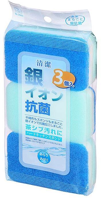 Kokubo Губки кухонные антибактериальные с ионами серебра жесткие 25*11,5*3,5 см 3 шт