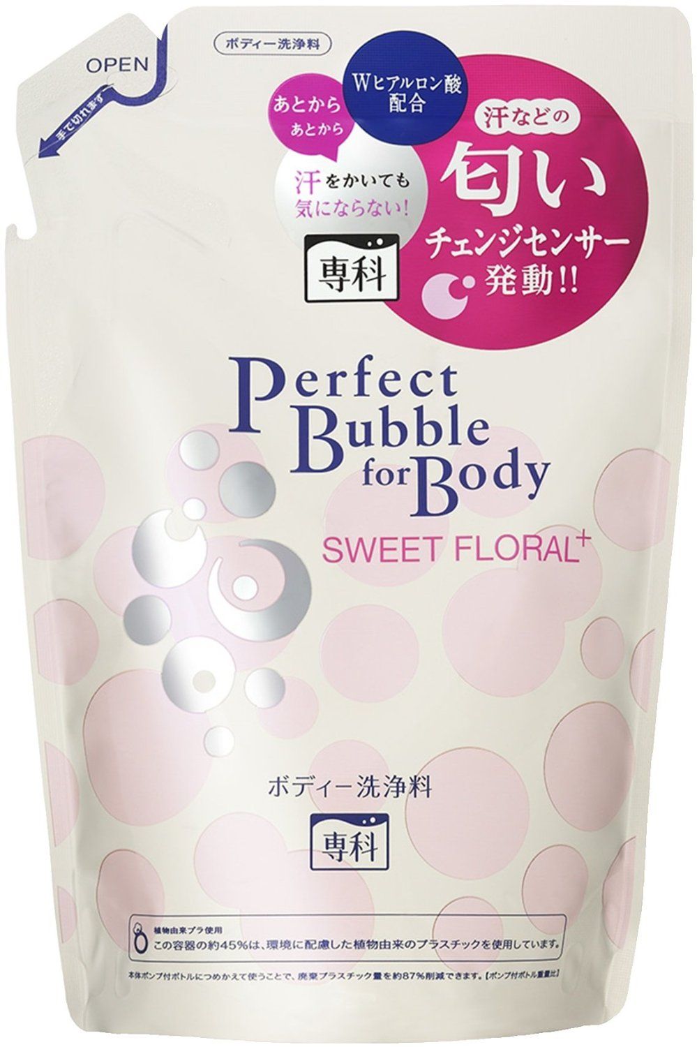 Shiseido Senka Perfect Bubble Дезодорирующий гель для душа с эффектом увлажнения с гиалуроновой кислотой со сладким цветочным ароматом 350 мл запасной блок