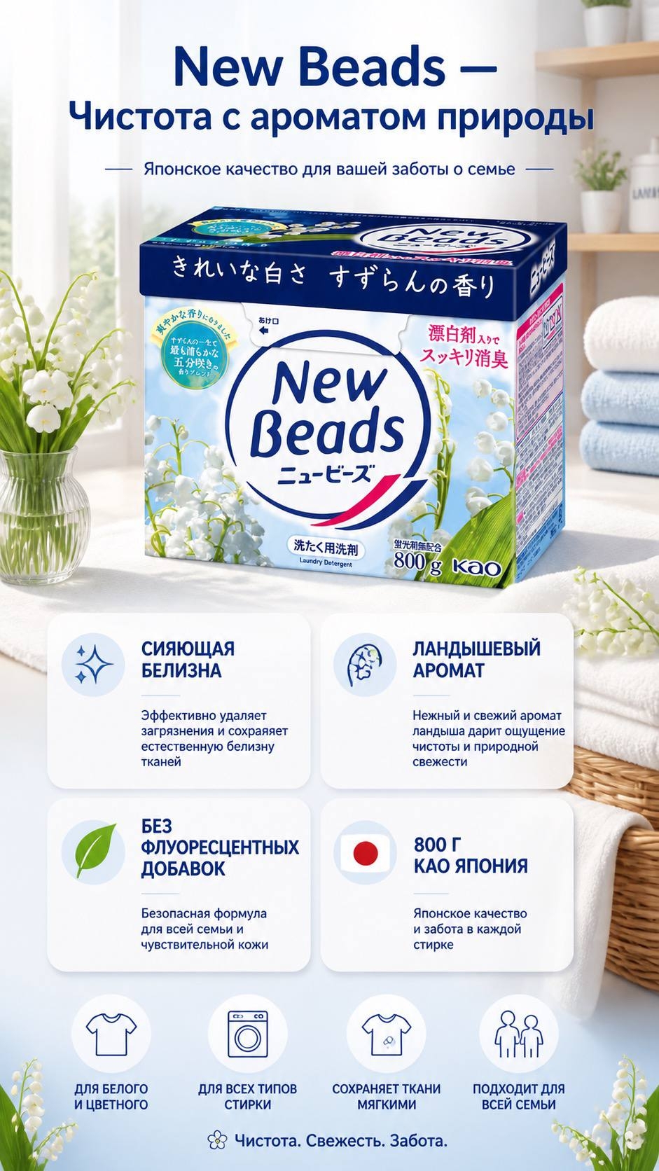 Kao New Beads Стиральный порошок для белых и слабоокрашенных тканей с ароматом ландыша 800 гр
