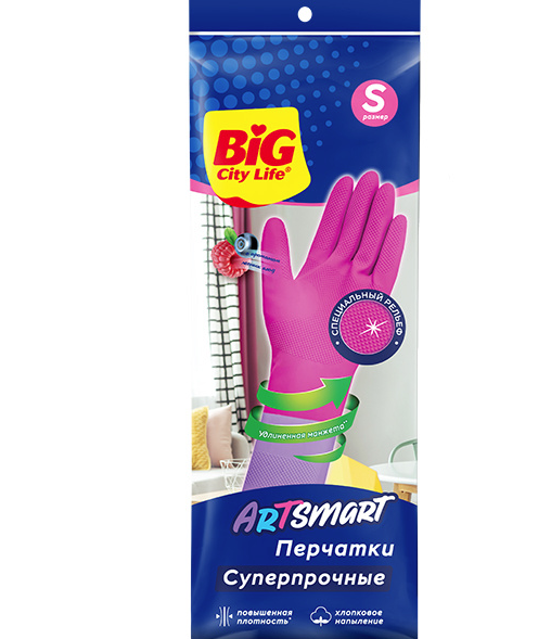 Big City Life ArtSmart Перчатки хозяйственные латексные суперпрочные удлиненные с хлопковым напылением и ароматом лесных ягод Размер S