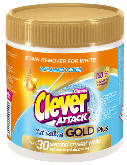 Clovin Clever Attak Oxi Action Gold Plus White Пятновыводитель универсальный для белых тканей 730 гр