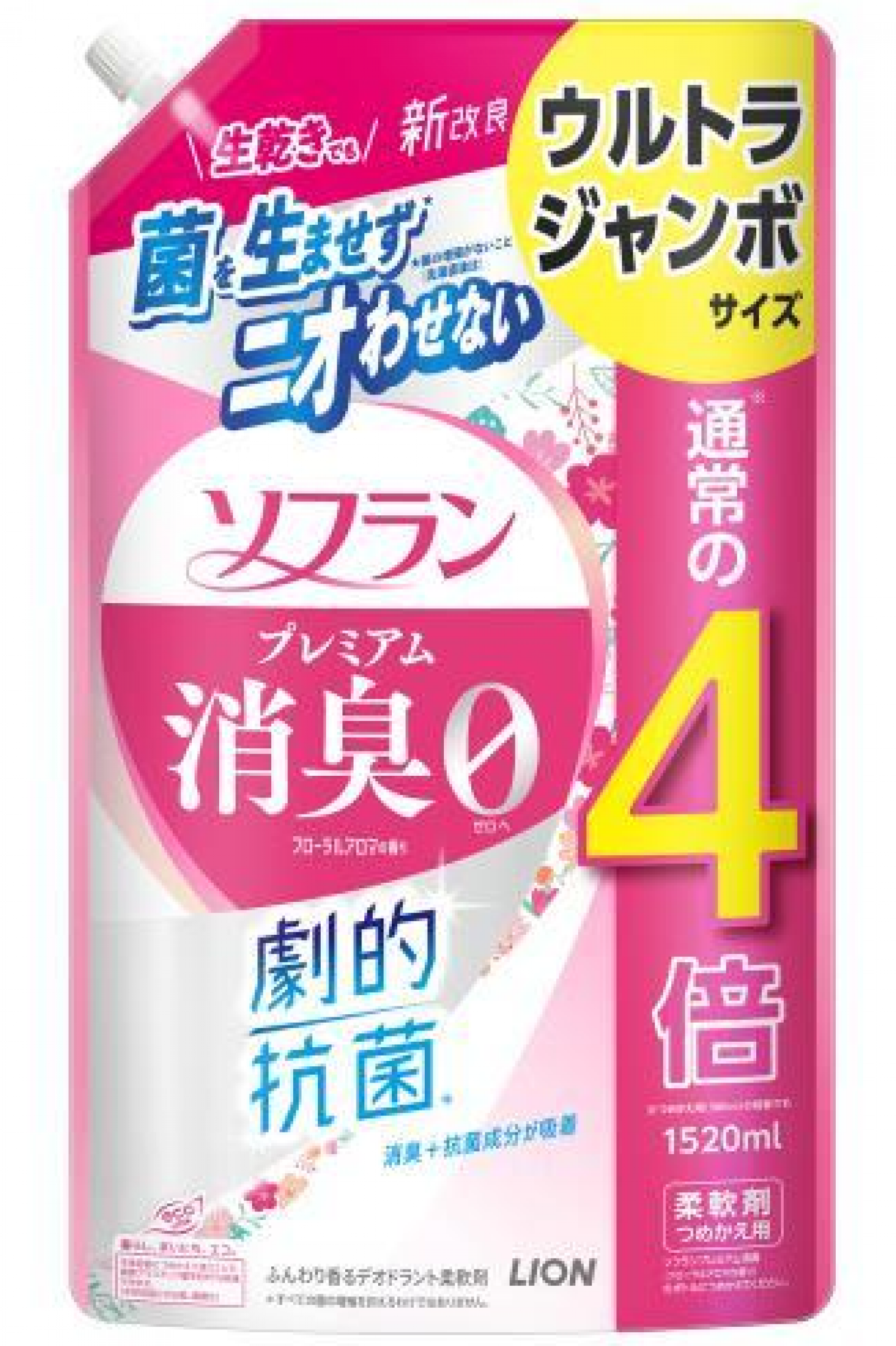 Lion Soflan 323 Ополаскиватель для белья антибактериальный с ароматом цветов 1520 мл в мягкой упаковке