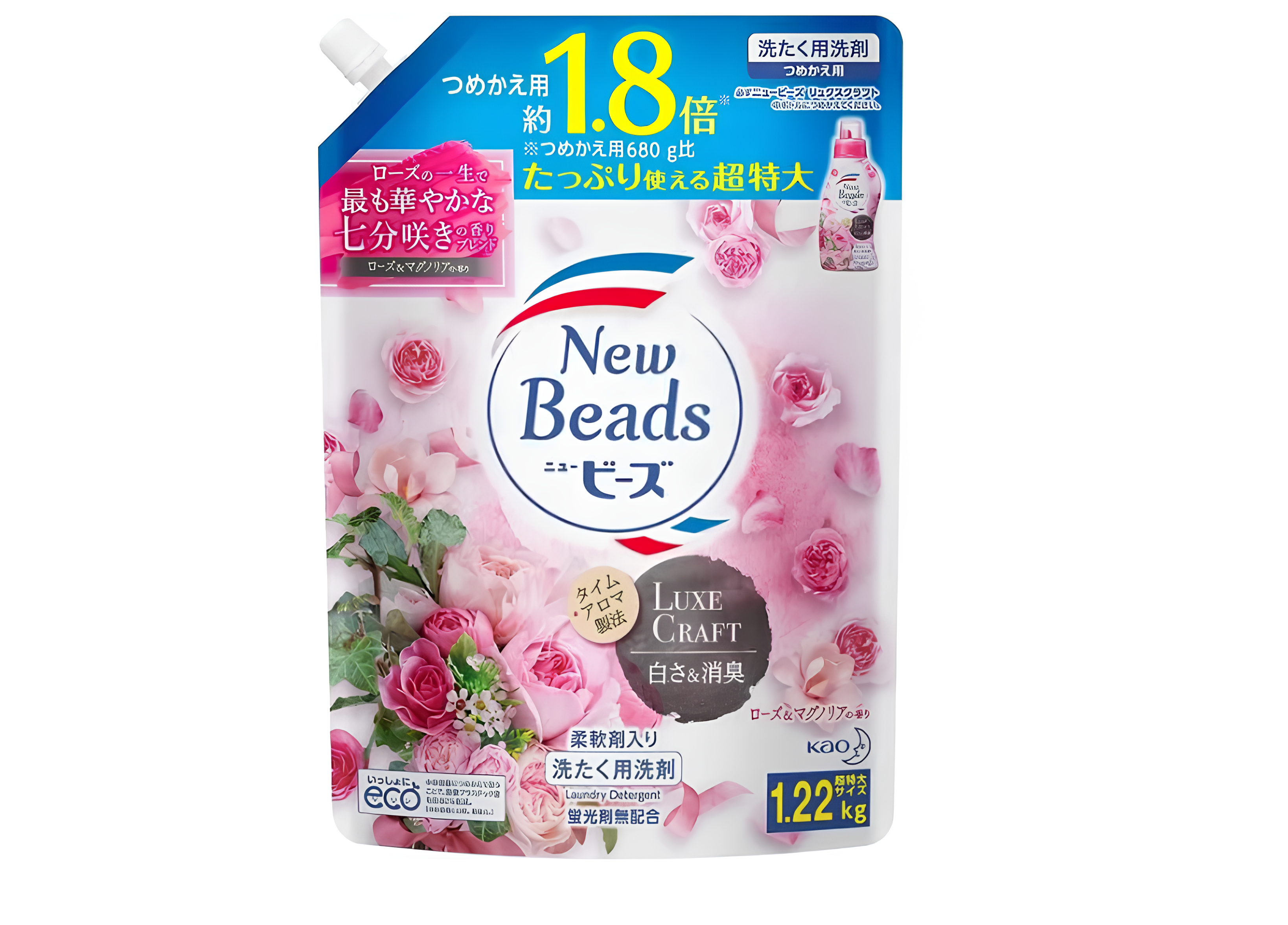 Kao New Beads Fragrance Gel Luxe Craft Гель для мягкой стирки белья с ароматом розы и магнолии 1160 гр на 46 стирок в мягкой упаковке
