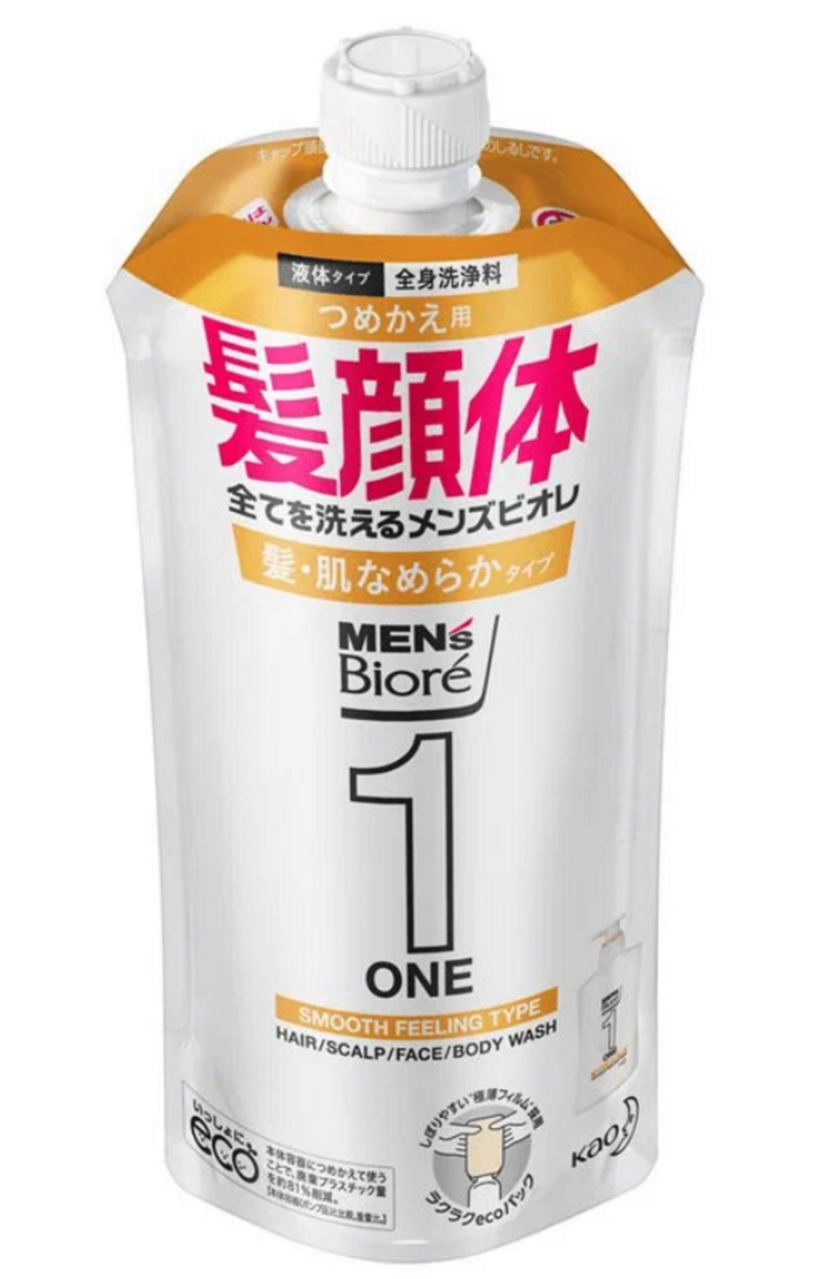 Kao Men's Biore One Smooth Feeling Type Гель для лица, тела и волос Всё в одном разглаживающий с ароматом цветочного мыла 340 мл в мягкой упаковке