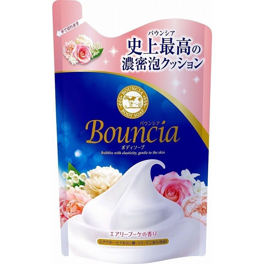 Cow Brand Bouncia Сливочное жидкое мыло для рук и тела с коллагеном и ароматом цветов 400 мл сменный блок