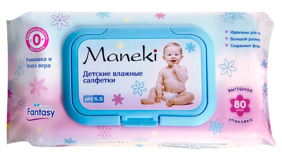 Maneki Fantasy Салфетки влажные детские с экстрактом ромашки и алоэ вера 20*18 см 80 шт