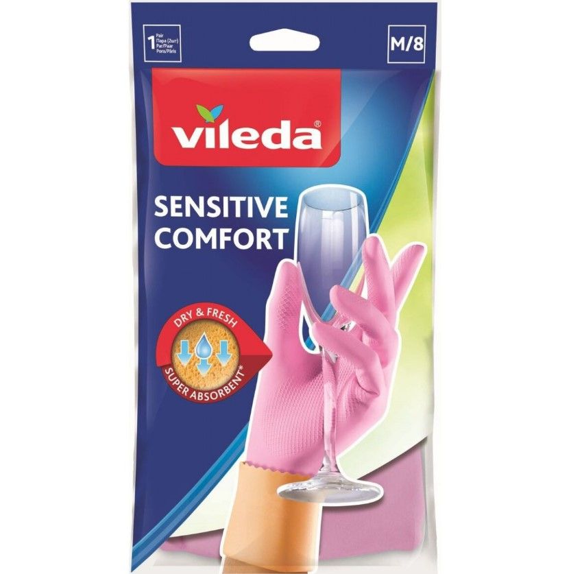 Vileda Sensitive Перчатки хозяйственные из латека для деликатных работ с впитывающим пот и влагу внутренним покрытием Комфорт Плюс Размер 8 M Средний