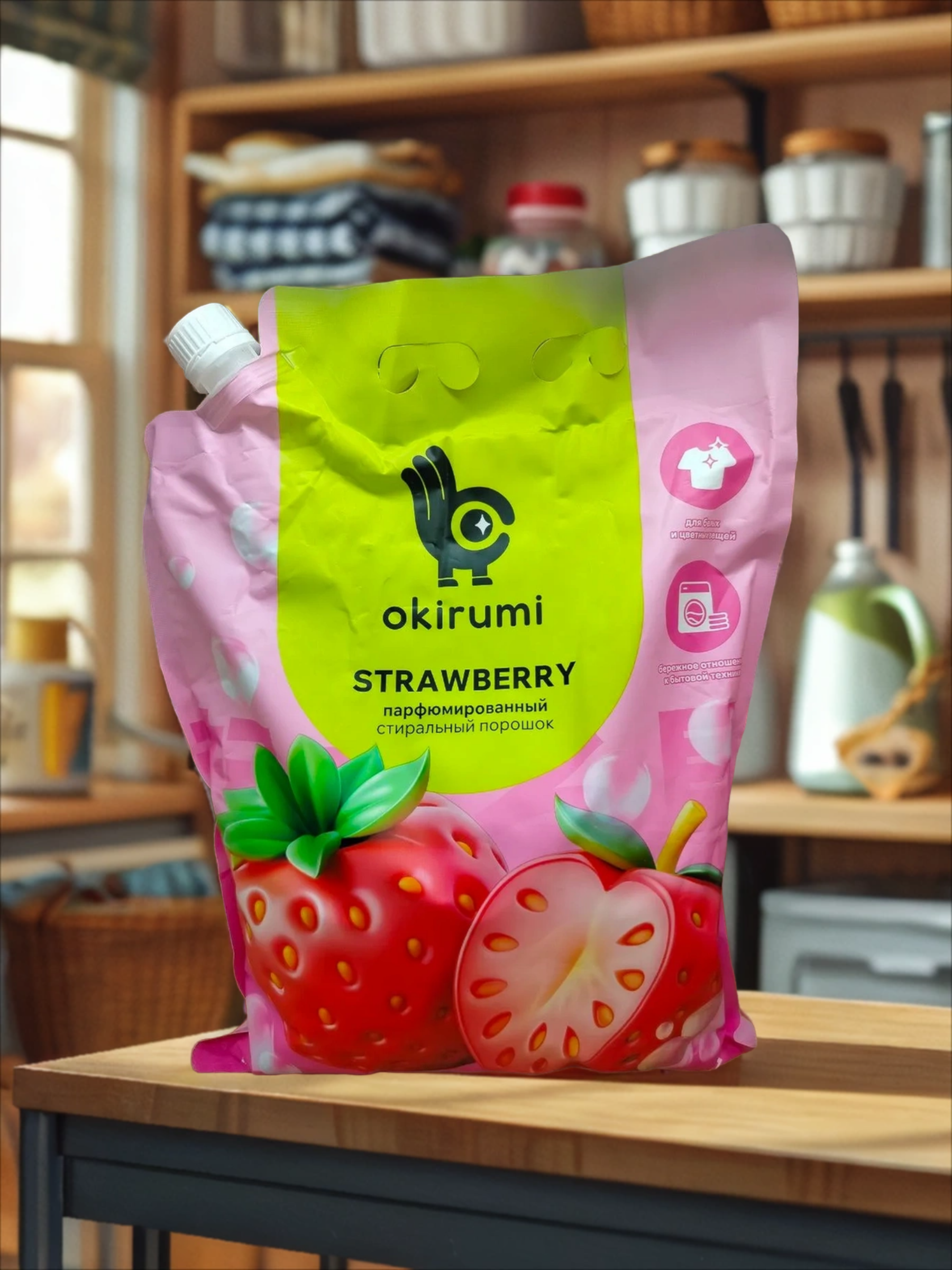 Okirumi Strawberry Парфюмированный стиральный порошок универсальный Клубника 1,5 кг на 45 стирок