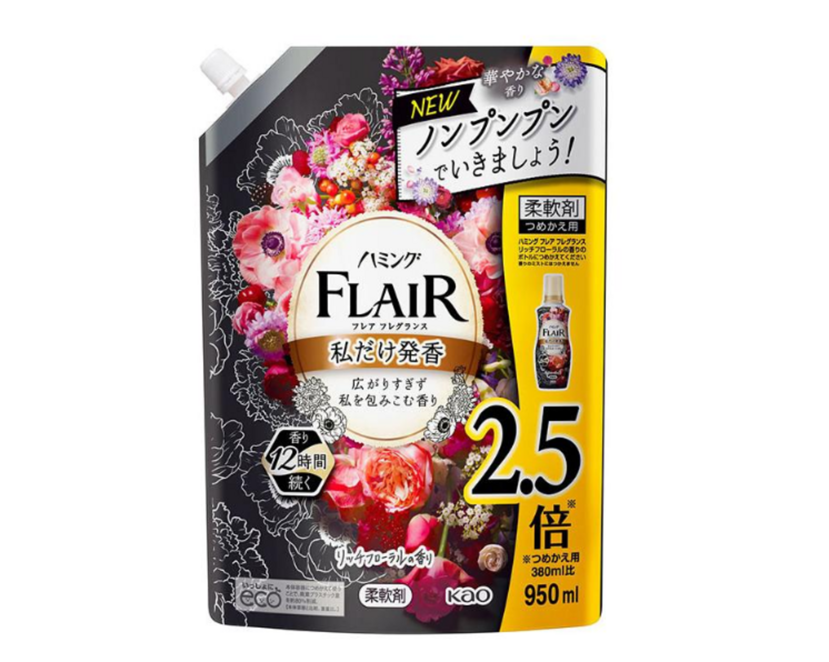 Kao Flair Fragrance Rich Floral Кондиционер для белья с антибактериальным эффектом с ароматом Изящный букет 940 мл в мягкой упаковке