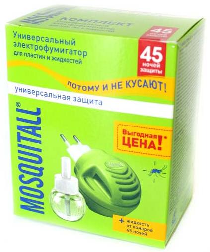 Mosquitall Универсальная защита Комплект Электрофумигатор + жидкость от комаров 45 ночей