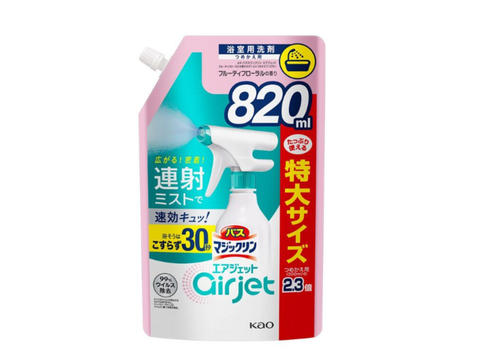 Kao Magiclean Bath Cleaner Airjet Спрей-пенка для ванной комнаты экспресс с ароматом цветов и фруктов 820 мл в мягкой упаковке