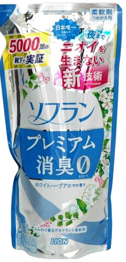 Lion Soflan Premium Deodorizer Zero 0 Кондиционер для белья защищающий от неприятного запаха до вечера с  ароматом луговых трав 420 мл запасной блок