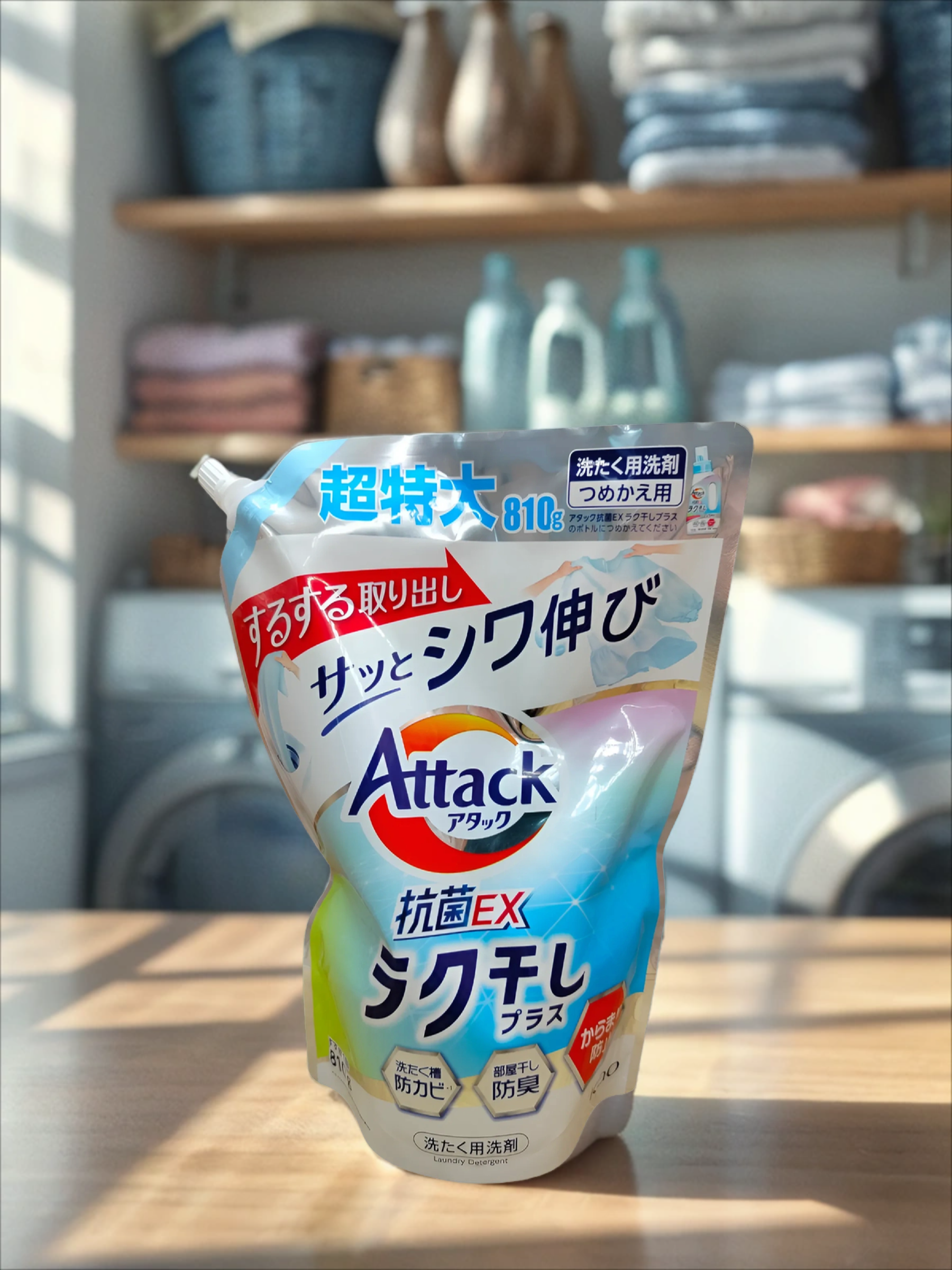 Kao Attack EX Antibacterial Easy Drying Plus Антибактериальный гель для стирки против складок на одежде с цветочным ароматом 810 гр в мягкой упаковке