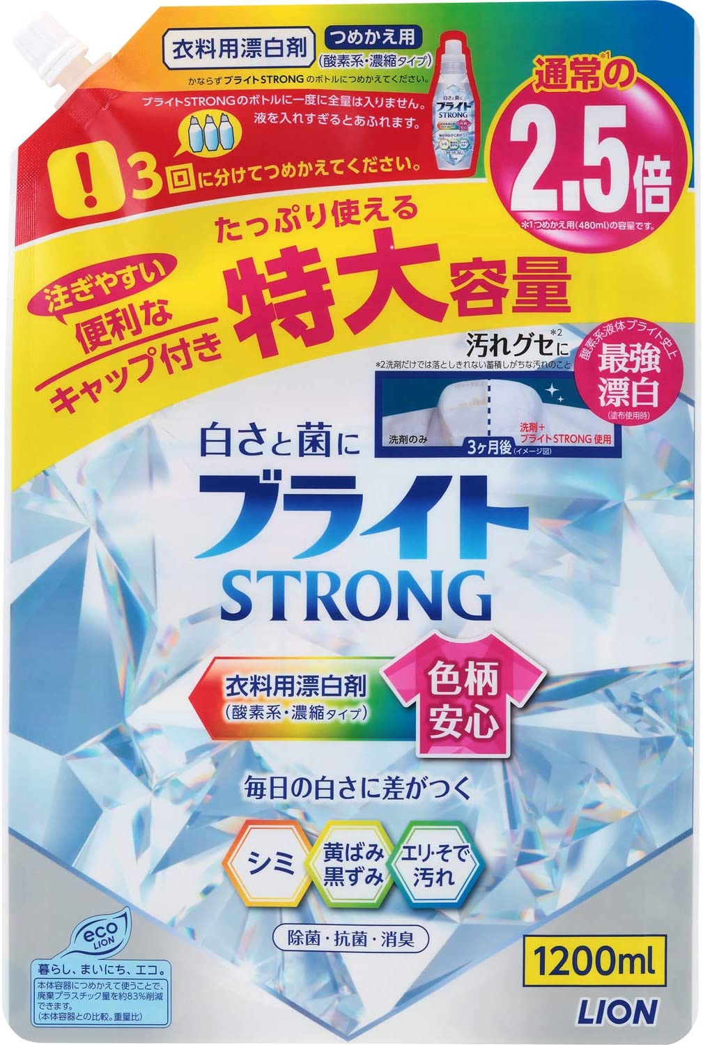 Lion Bright Strong Гель-отбеливатель кислородный для стройких загрязнений Супер Яркость с антибактериальным эффектом 1200 мл в мягкой упаковке