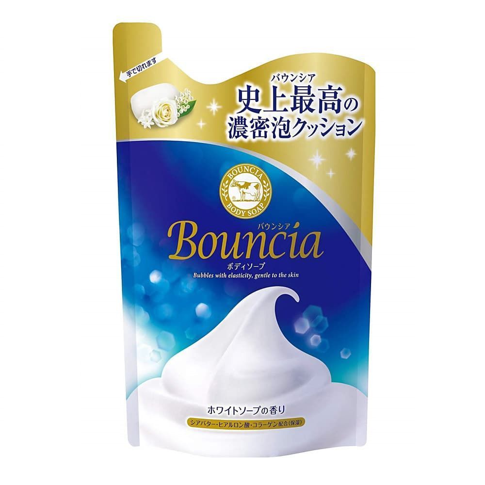 Cow Brand Bouncia Сливочное жидкое мыло для рук и тела с гиалуроновой кислотой и коллагеном аромат свежести 400 мл запасной блок