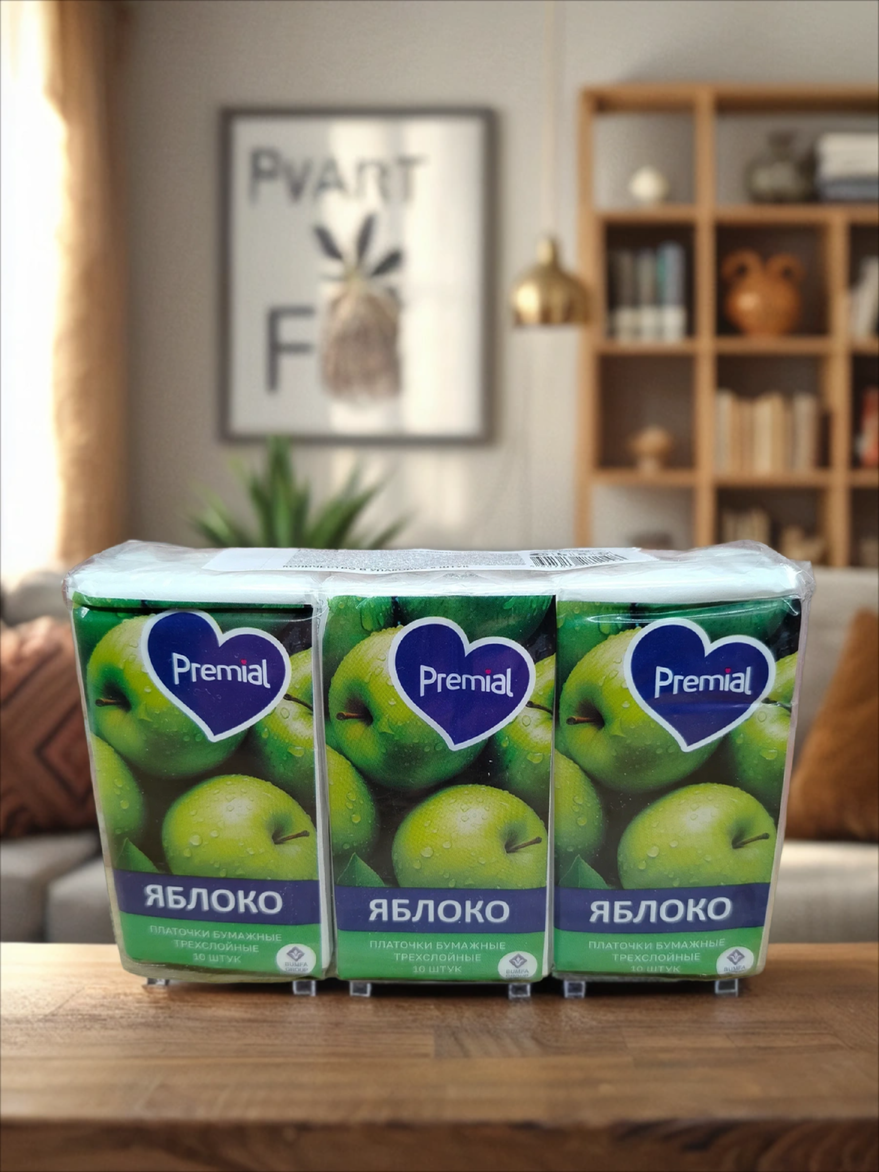 Premial Платочки бумажные треслойные Яблоко 6 упаковок по 10 шт