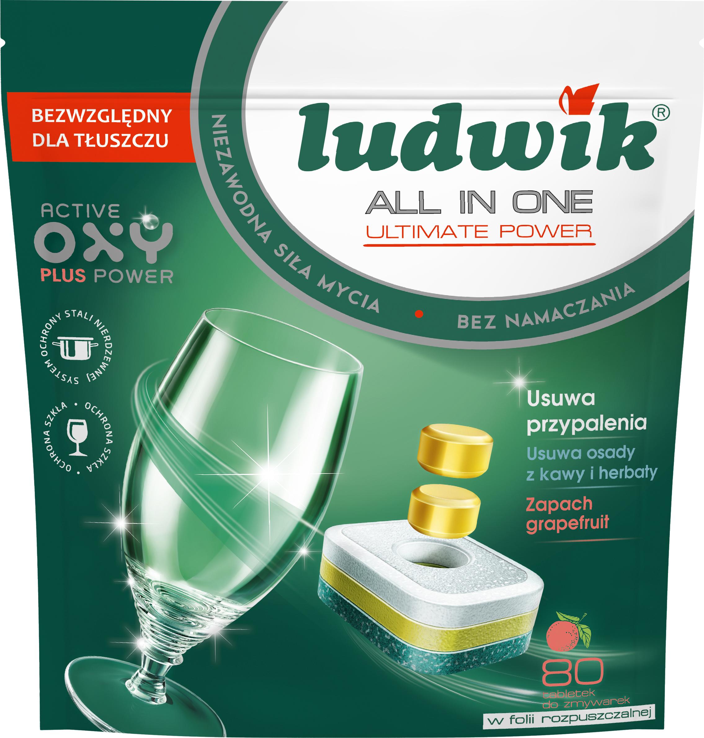 Ludwik ALL in one Active Oxy Plus Power Grapefruit Таблетки для посудомоечных машин в растворимой пленке 80 шт
