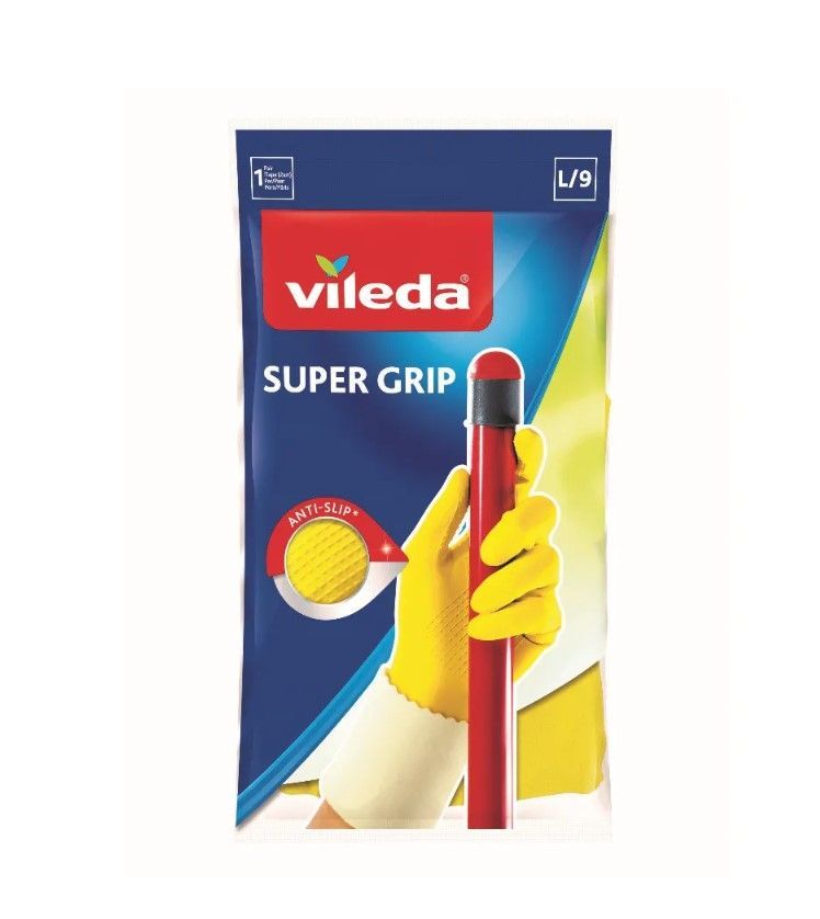Vileda Super Grip Резиновые перчатки хозяйсвтенные универсальные с рельефным профилел и внутренним хлопковым напылением Размер 9 L Большой