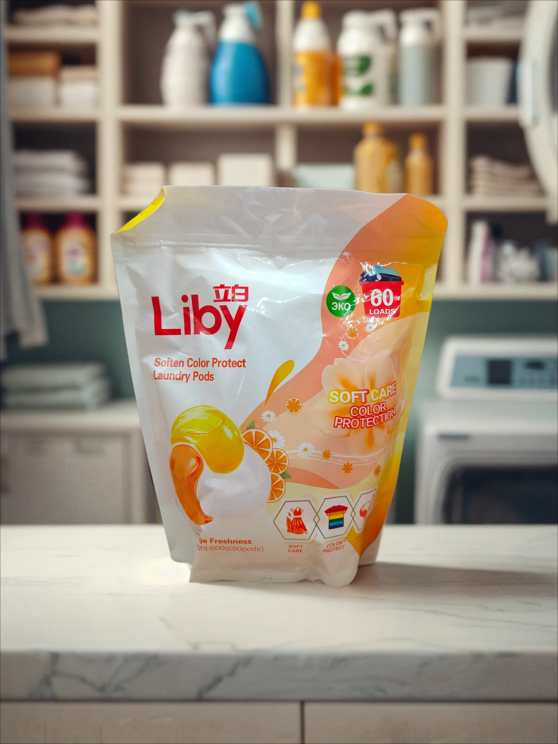 Liby Soften Color Protect Laundry Pods Капсулы для стирки 3 в 1 с кондиционером Апельсиновая Свежесть 60 шт 600 гр в zip-пакете