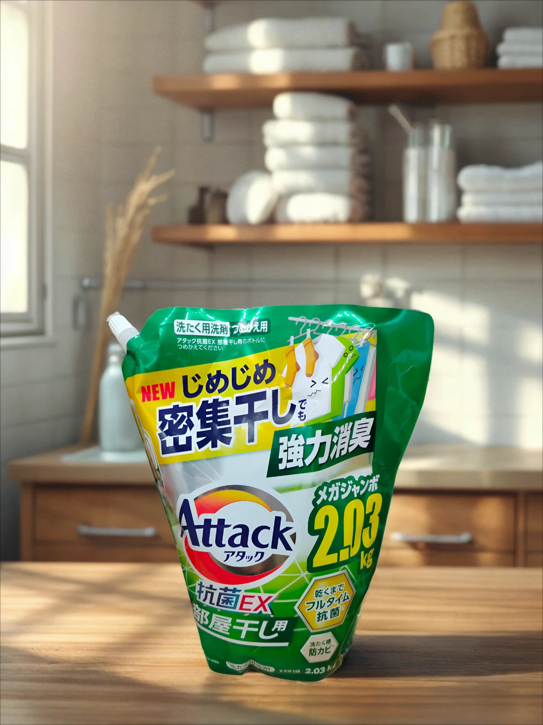 Kao Attack EX Gel Высокоэффективный антибактериальный гель для стирки и сушки в помещении с ароматом зелени 2,03 кг на 67 стирок в мягкой упаковке