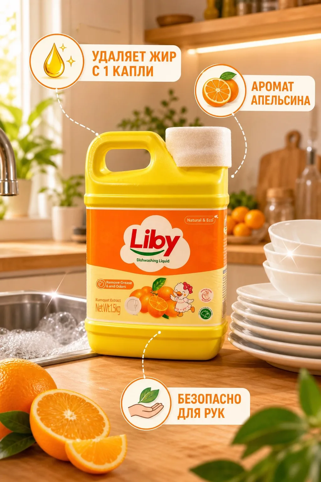 Liby Средство для мытья посуды, овощей и фруктов Апельсин 1,5 кг