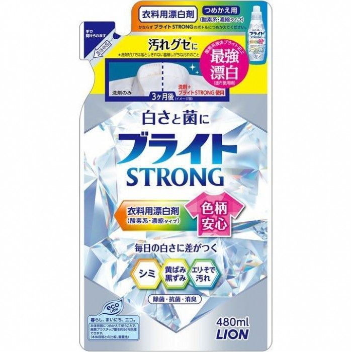 Lion Bright Strong Гель-отбеливатель кислородный для стройких загрязнений Супер Яркость с антибактериальным эффектом 480 мл запасной блок