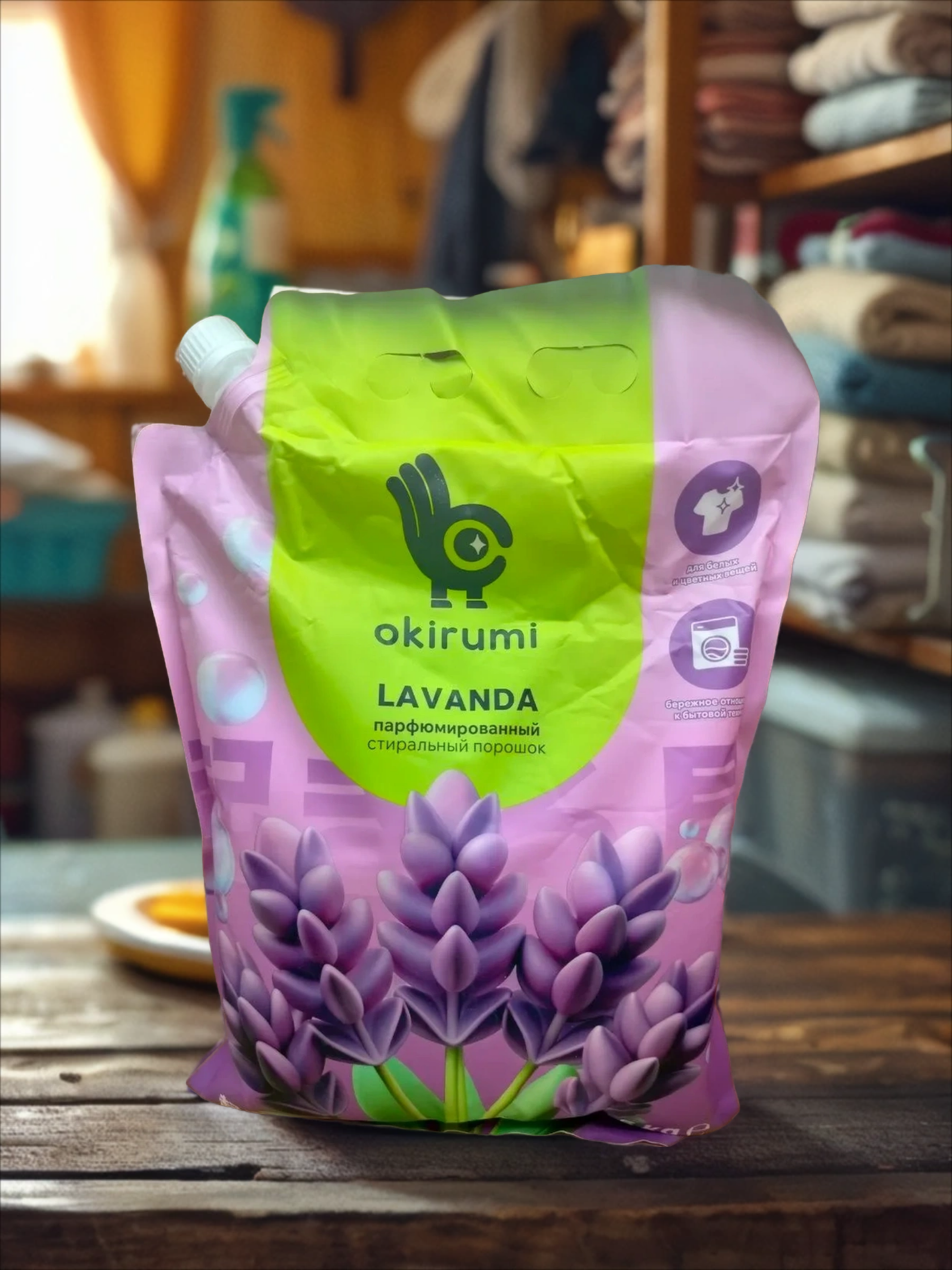 Okirumi Lavanda Парфюмированный стиральный порошок универсальный Лаванда 1,5 кг на 45 стирок