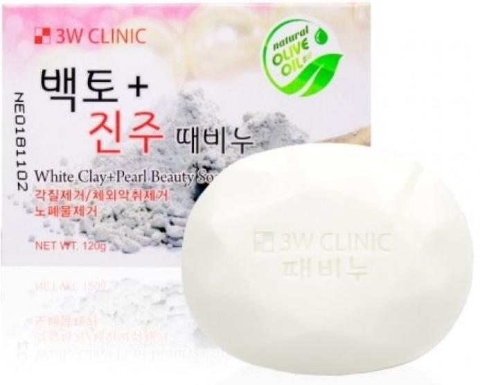 3W Clinic Soap White Clay + Pearl Мыло косметическое для лица и тела с белой глиной и жемчугом 120 гр