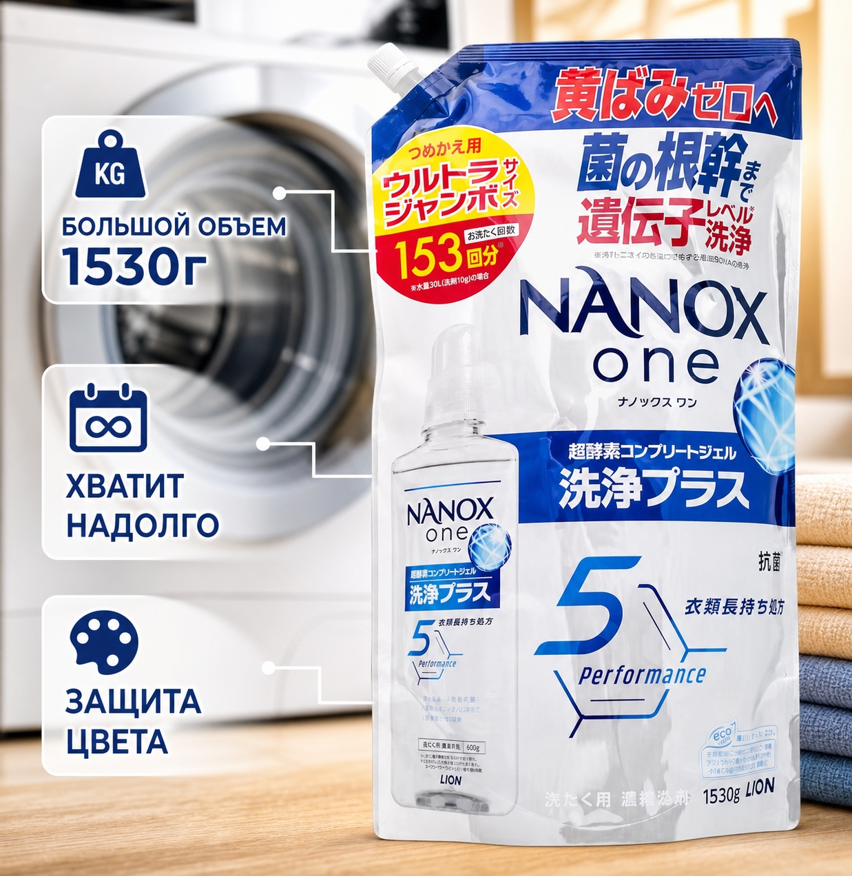 Lion Nanox One 5 Perfomance Жидкое средство для стирки белья антибактериальное дезодорирующее Цитрус 1530 гр на 153 стирки в мягкой упаковке