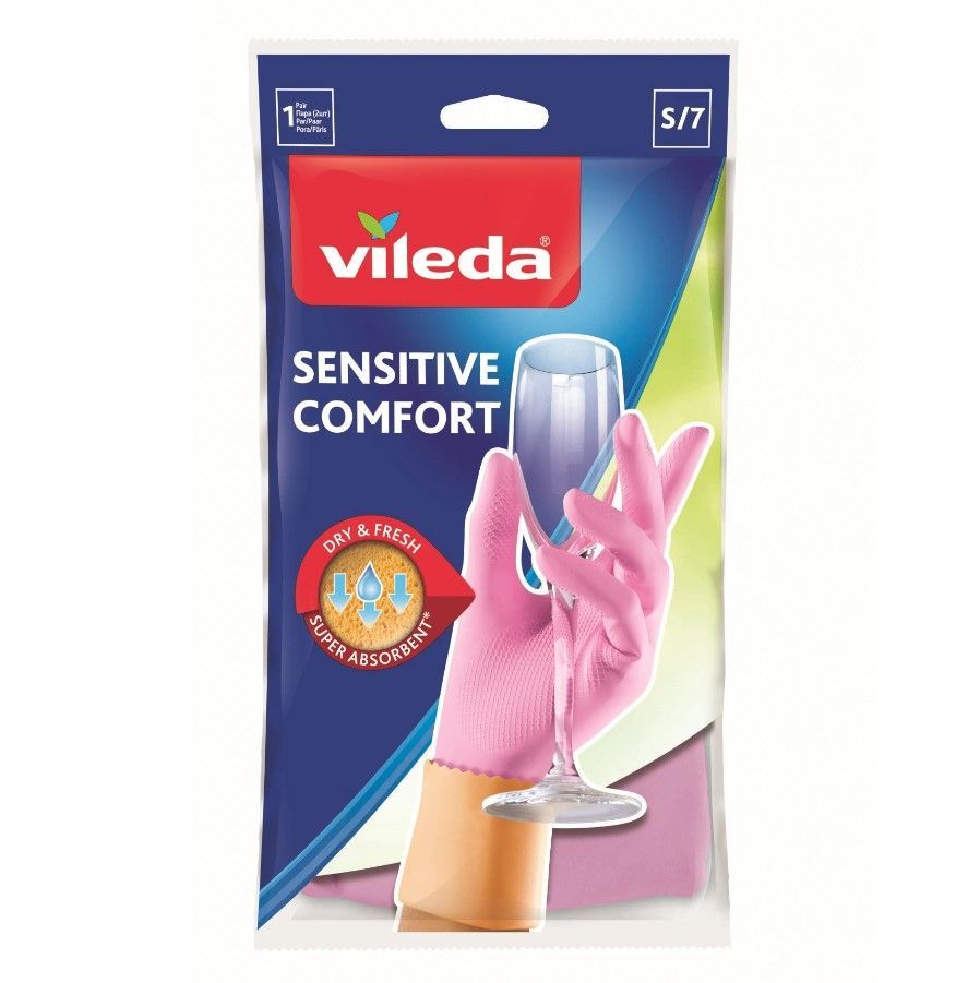 Vileda Sensitive Перчатки хозяйственные из латека для деликатных работ с впитывающим пот и влагу внутренним покрытием Комфорт Плюс Размер 7 S Маленький