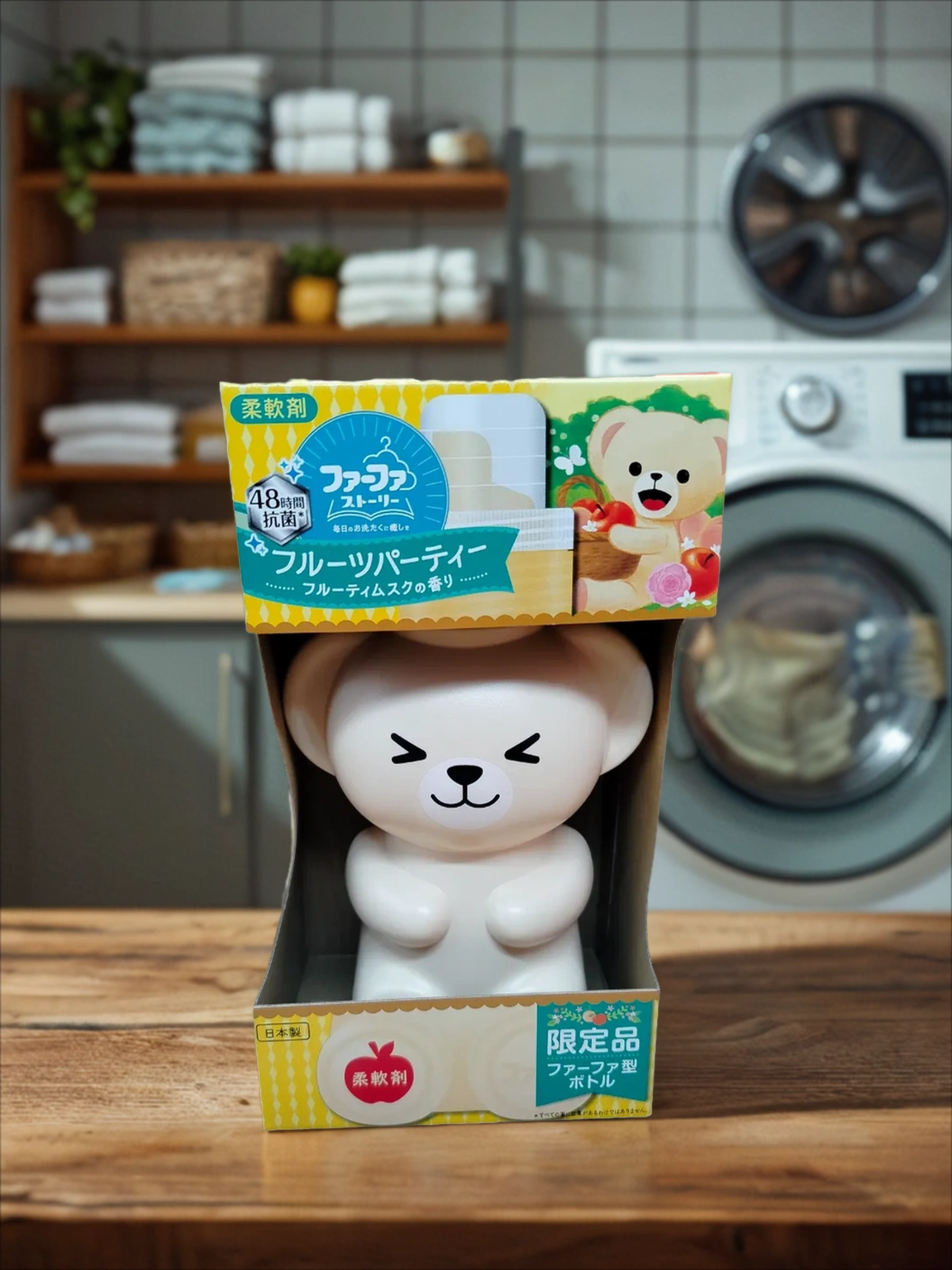 Nissan FaFa Story Limited Fruity Party Кондиционер-ополаскиватель для белья с антибактериальным эффектом и ароматом Фруктовая вечеринка 500 мл в фигурном флаконе Мишка