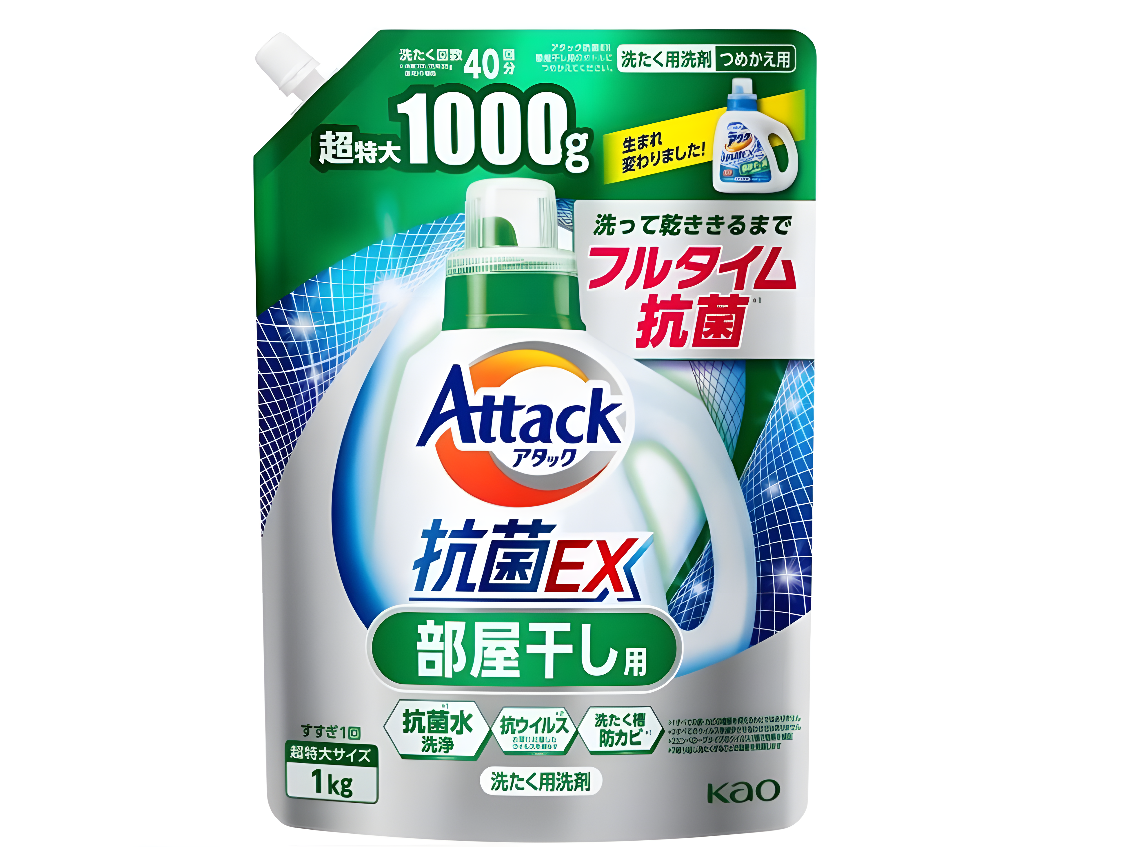 Kao Attack EX Gel Высокоэффективный антибактериальный гель для стирки и сушки в помещении с ароматом зелени 1 кг в мягкой упаковке