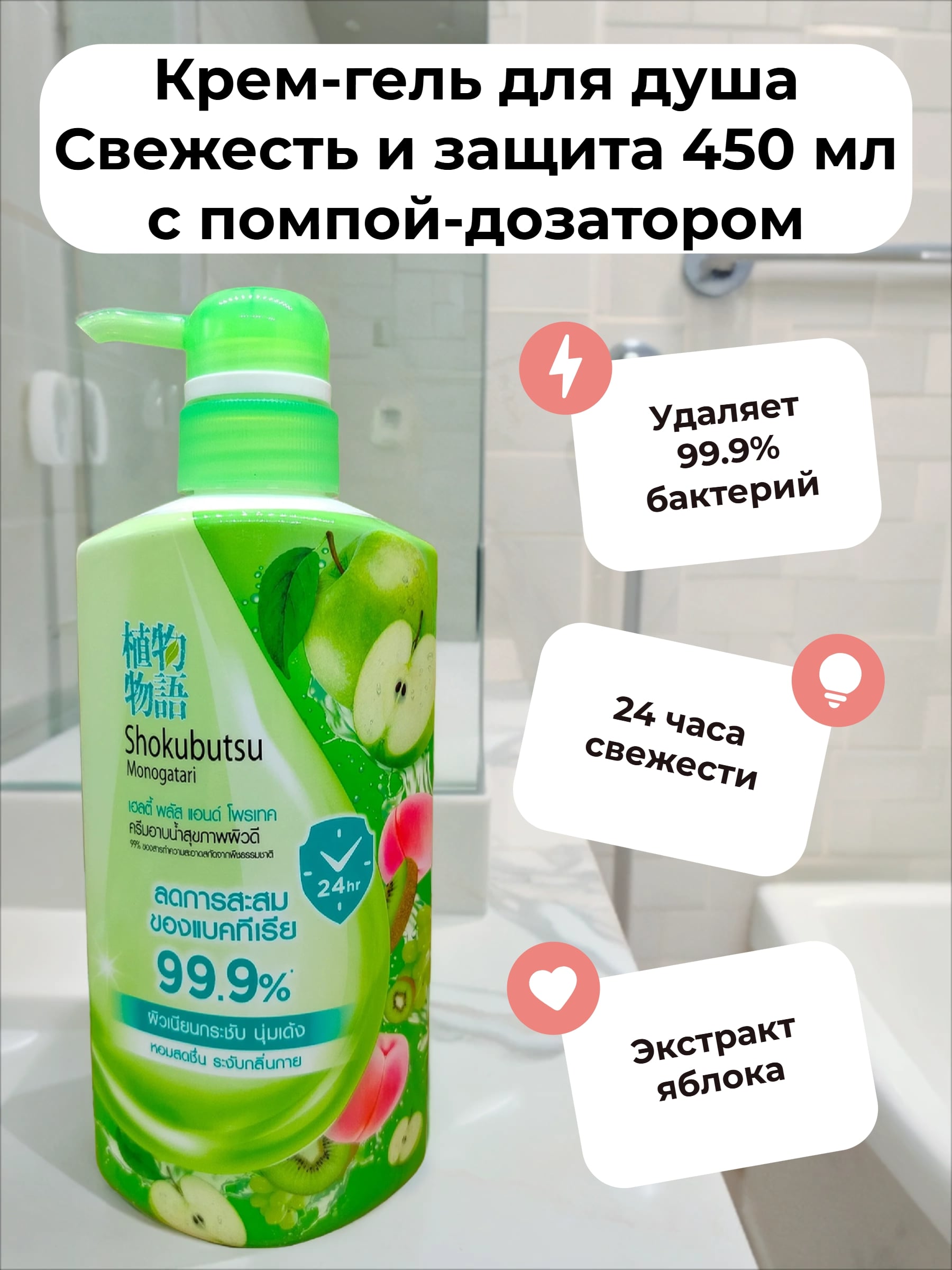 Lion Shokubutsu Healthy Plus & Protect Крем-гель для душа Свежесть и защита 450 мл с помпой-дозатором