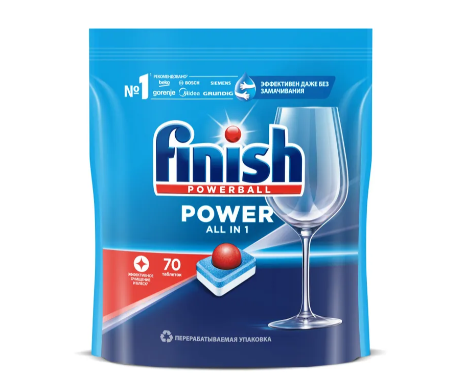Finish Powerball POWER All in 1 Таблетки для посудомоечной машины 70 шт в zip-пакете