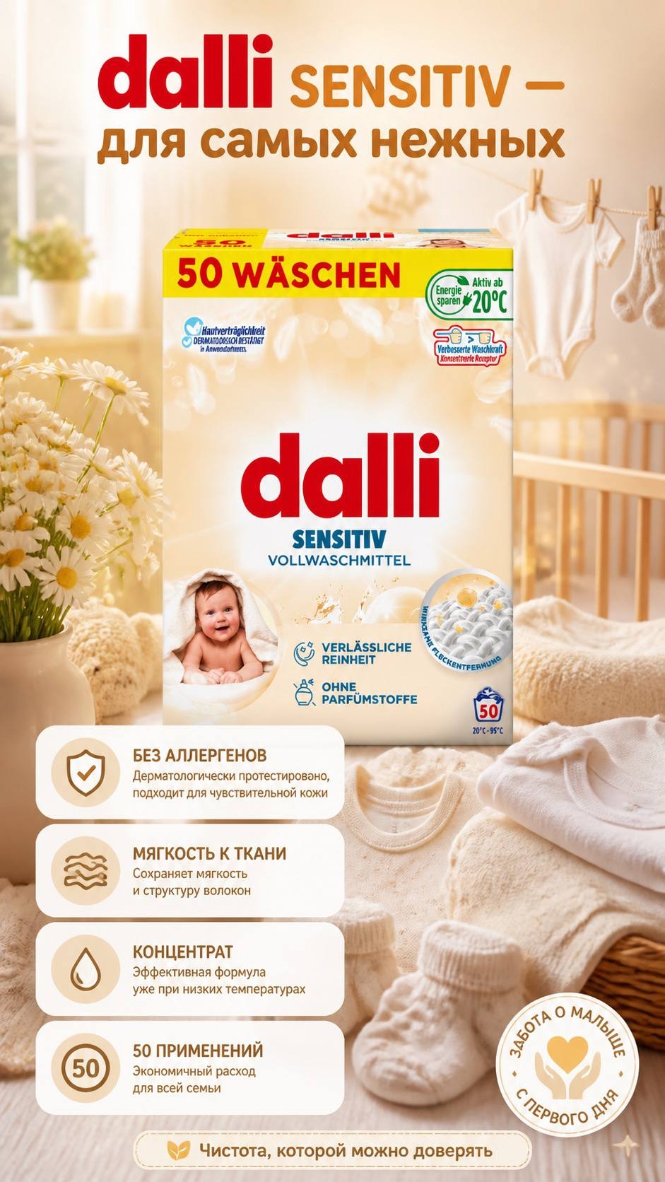 Dalli Sensitiv Универсальный стиральный порошок без фосфатов, ароматизаторов и красителей 2,5 кг на 50 стирок