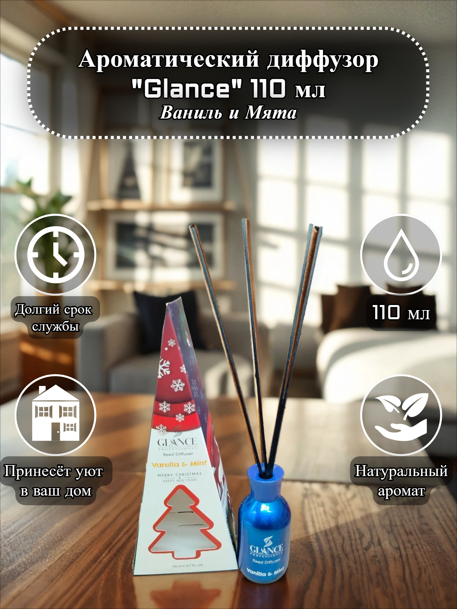 Glance Professional Reed Diffuser Merry Christmas & Happy New Year Vanilla & Mint Ароматический диффузор для дома с палочками Ваниль и Мята 110 мл