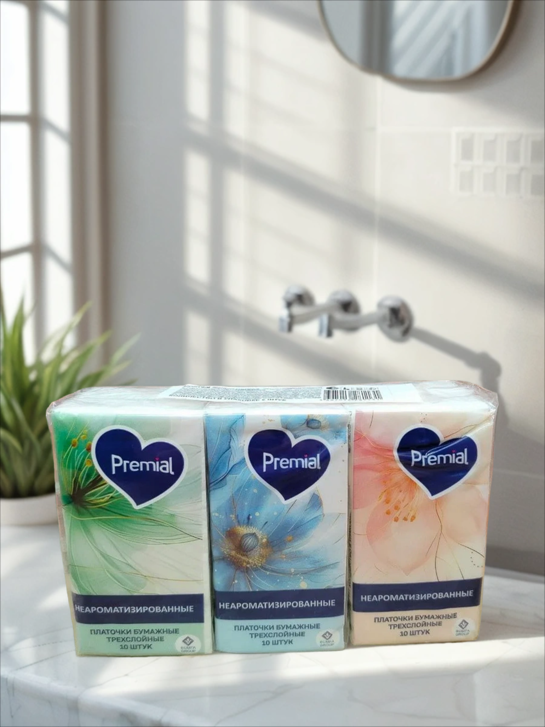 Premial Платочки бумажные треслойные 6 упаковок по 10 шт