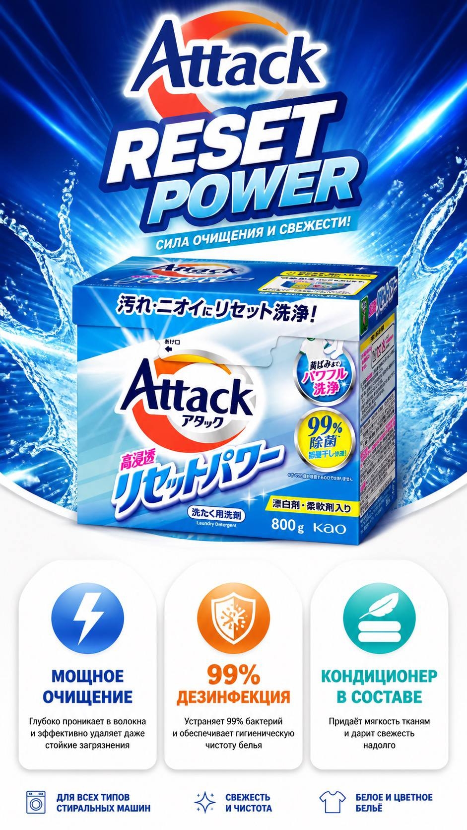 Kao Attack Power Стиральный порошок с антибактериальным эффектом с цветочным ароматом 800 гр