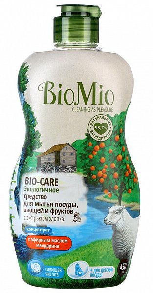 BioMio Bio-Care Экологичное концентрированное средство для мытья посуды, овощей и фруктов с эфирным маслом Мандарина 450 мл