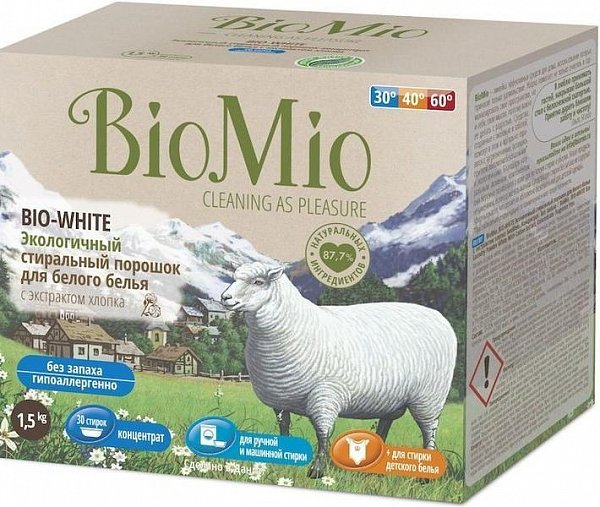BioMio Bio-white Концентрированный гипоаллергенный экологичный стиральный порошок с экстрактом хлопока для белого белья без запаха 1,5 кг