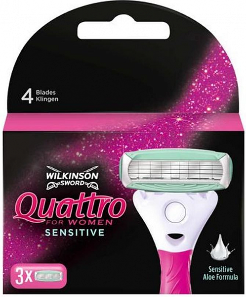 Wilkinson Sword Quattro For Women Sensetive Сменные касеты для женского бритвенного станка со сменными касетами 4 лезвия 3 шт