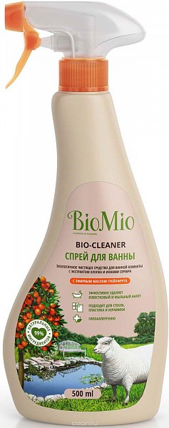 BioMio Bio-Bathroom Cleaner Экологичное чистящее средство для ванной комнаты с экстрактом хлопка и ионами серебра с эфирным маслом грейпфрута 500 мл с распылителем