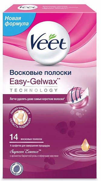 Veet Easy-Gelwax Восковые полоски для чувствительных участков тела с ароматом бархатной розы 14 шт