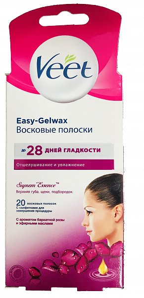 Veet Easy-Gelwax Полоски восковые для лица с ароматом бархатной розы и эфирными маслами 20 шт